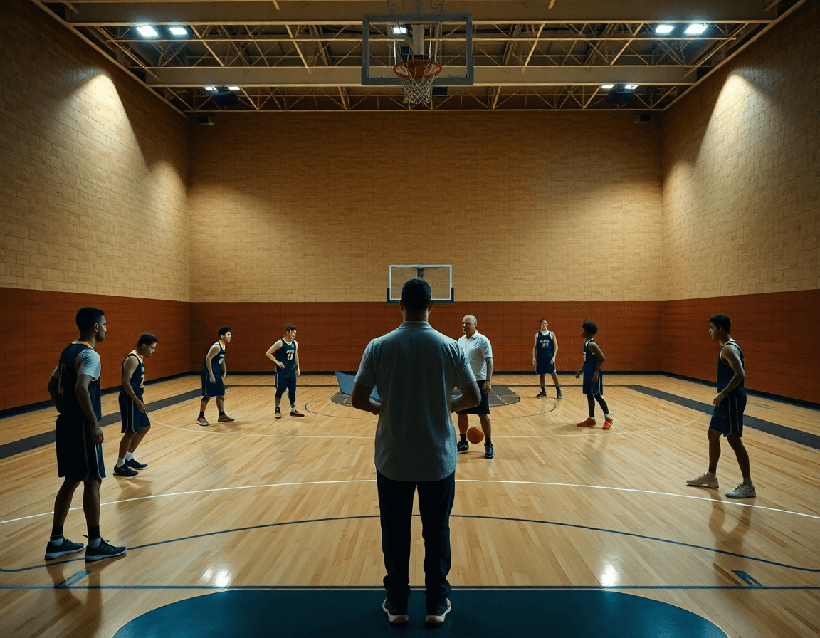 Scena di basket attacco zona 3 2: giocatori in spread sul campo di basket mentre l'allenatore indica movimenti.