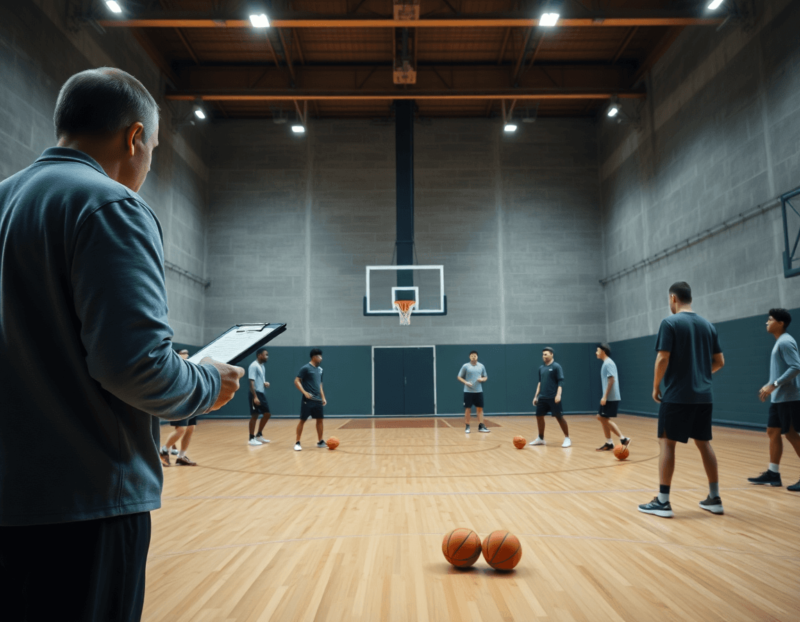 Panoramica di basket attacco zona 3 2 durante l'allenamento: coach guida la squadra nella palestra con il pallone.