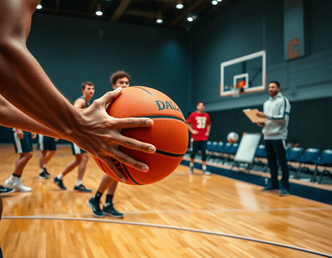 Primo piano sulle mani che passano una palla da basket arancione durante un drill in palestra di basket.