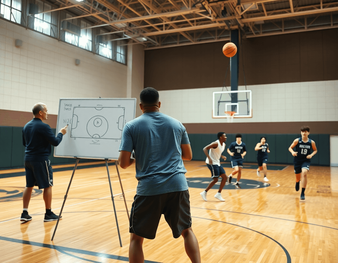 basket come funziona: coach con lavagna tattica disegna tre giochi mentre i giocatori eseguono transizioni sul basket.