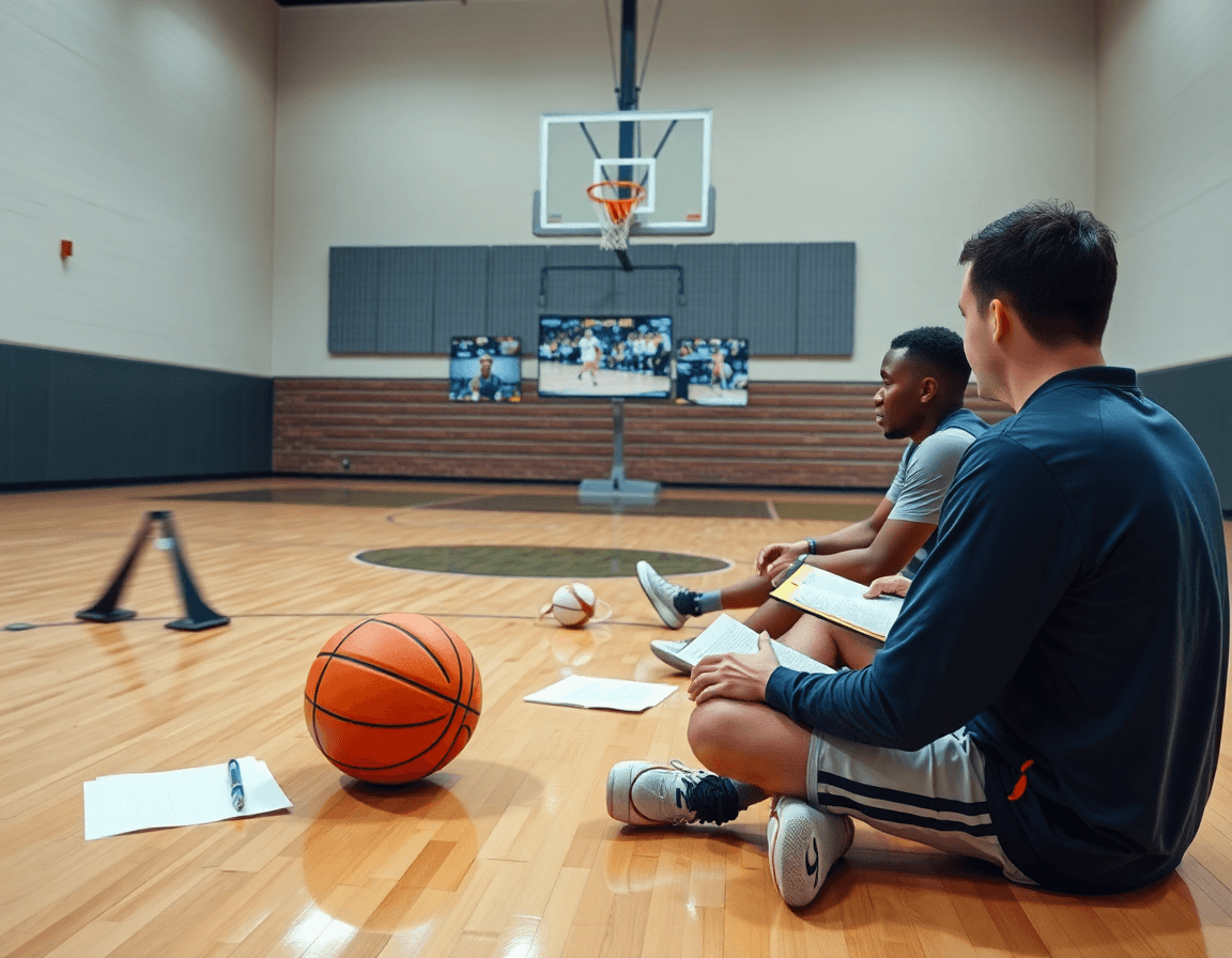 basket come funziona: briefing di scouting post-allenamento su una pista di basket con video e note.