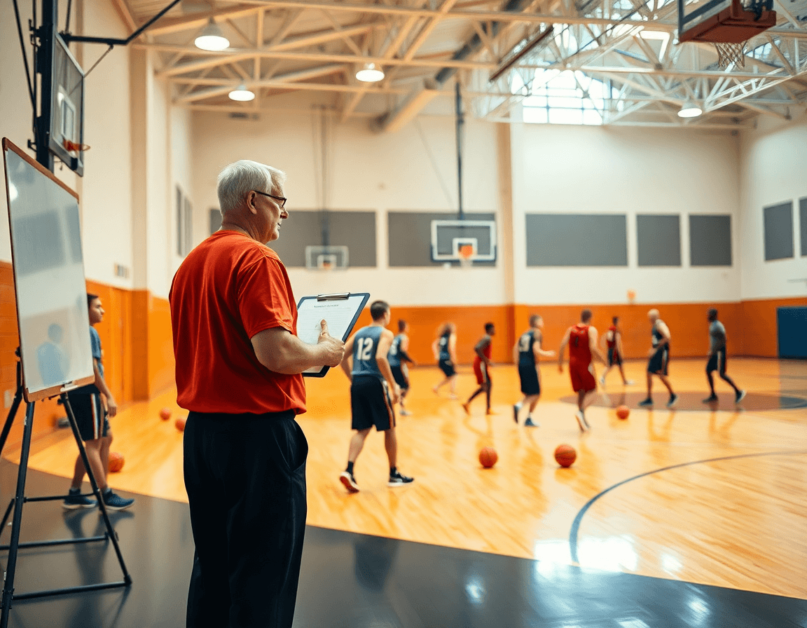 basket come funziona scena sportiva: coach e squadra di basket in palestra durante l'allenamento.