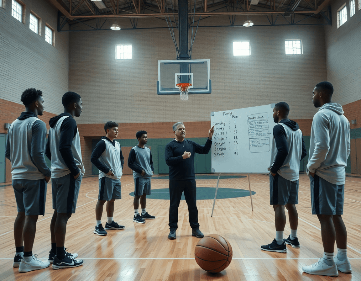 Palestra di basket: allenatore mostra piano settimanale dei punti, basket come funzionano i punti, giocatori ascoltano.