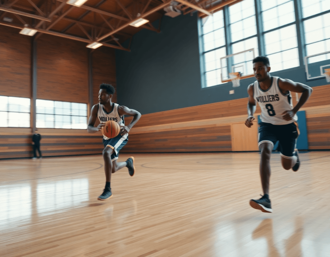 Players running a fast-break drill in practice
