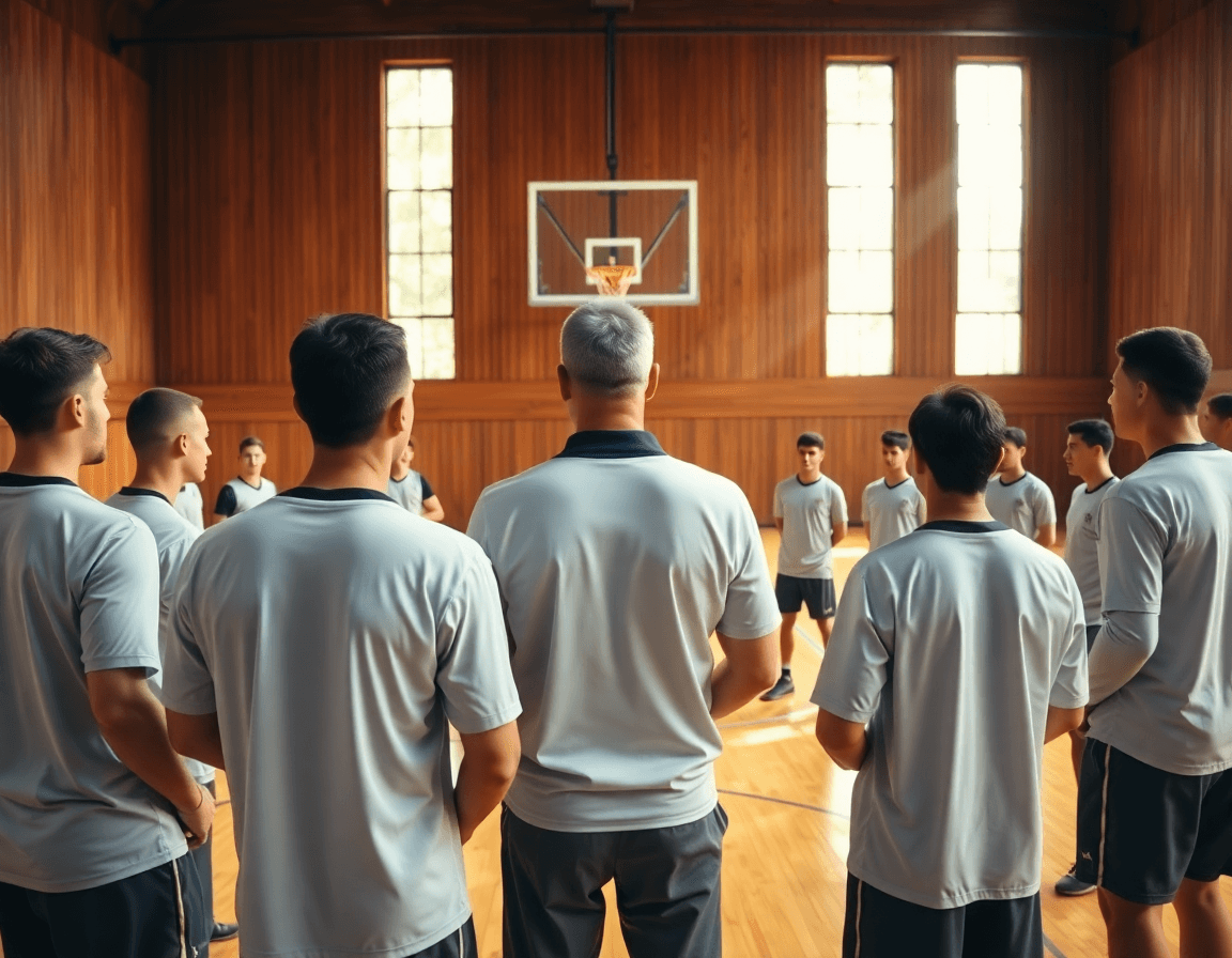 Ampia scena di basket in palestra: coach con whiteboard spiega basket come funzionano i punti.