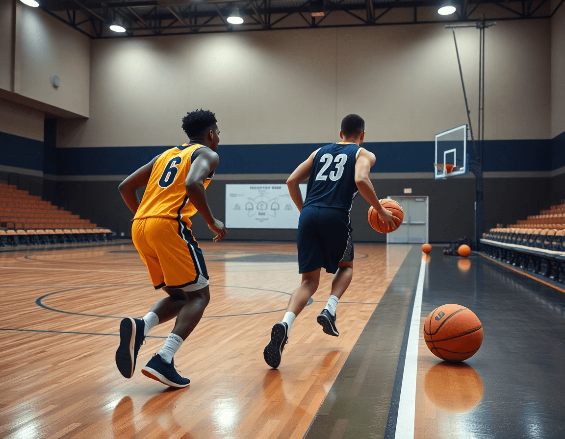 Hands guiding a basketball drill on the court as the coach instructs basketball players.