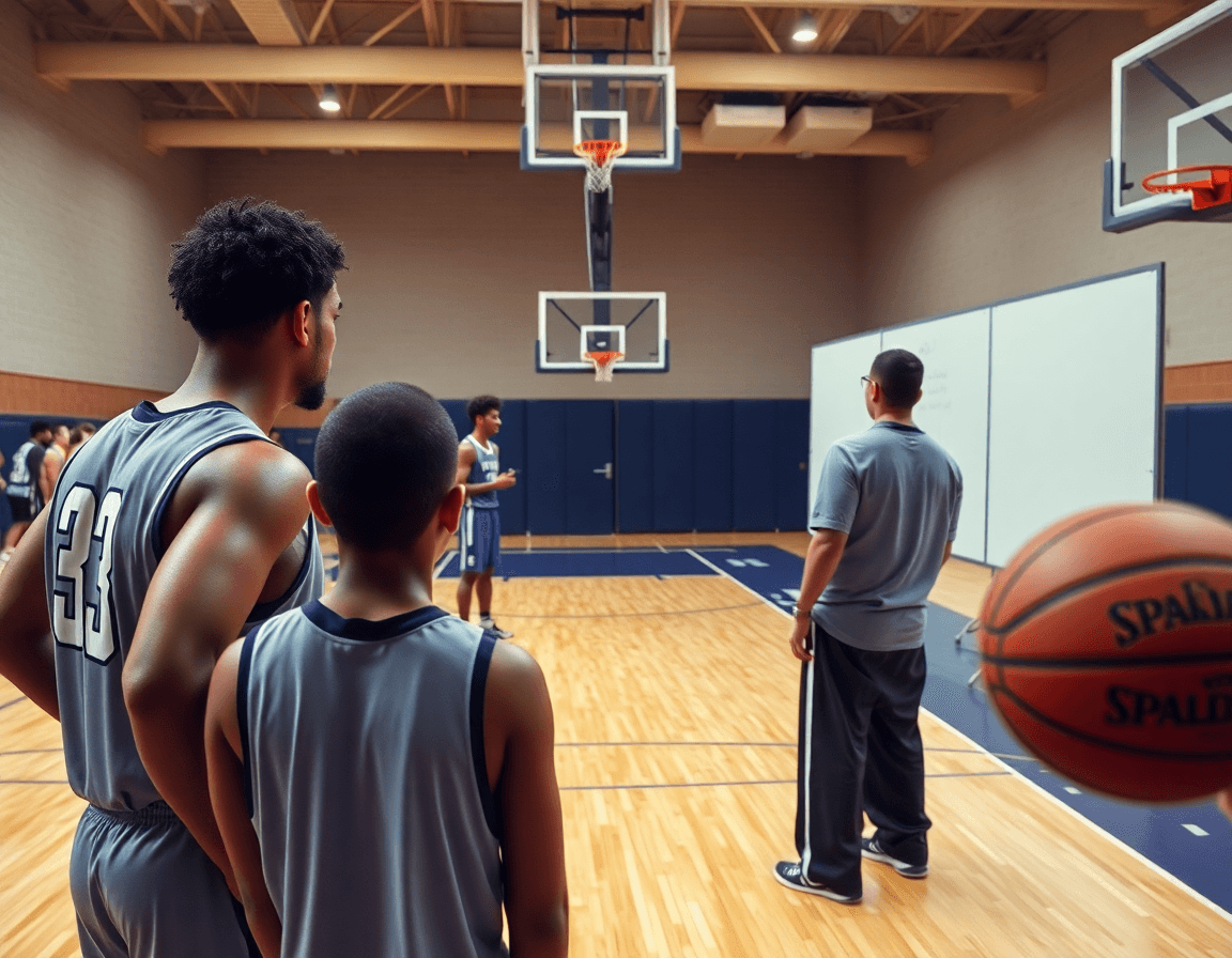 Coach explains a play on the whiteboard as players watch; basketball on the court, basketball nearby.