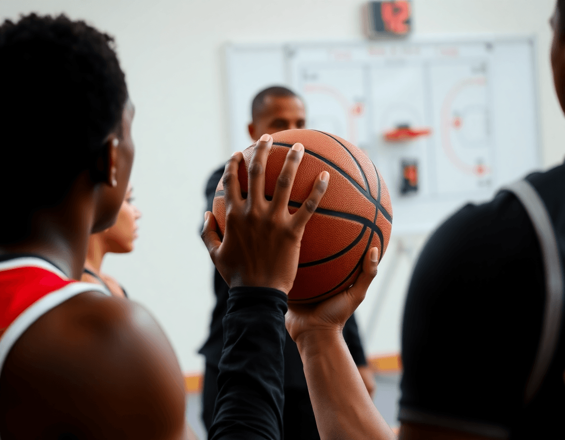 Close-up on hands gripping the basketball during a drill while the coach explains basketball play on the whiteboard.