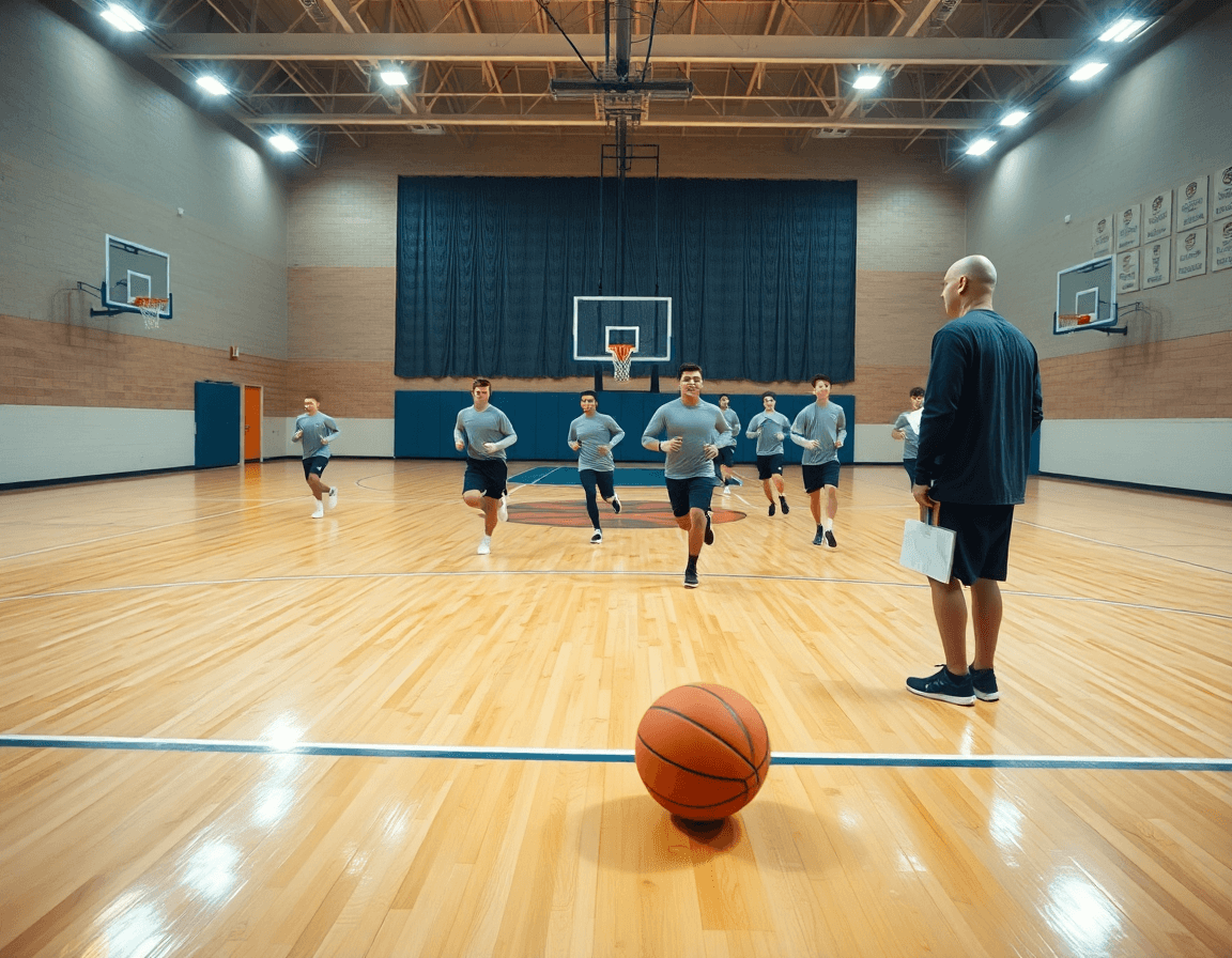 Wide shot of a basketball gym: coach with clipboard guiding a full-team basketball practice on the hardwood court.