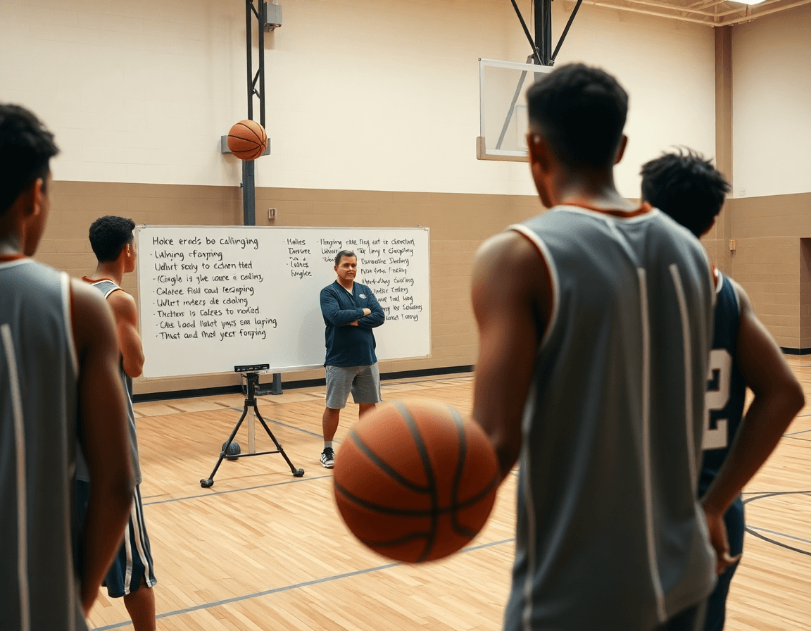 Coach spiega termini in inglese con lavagna, giocatori annotano; basket come si dice in inglese.
