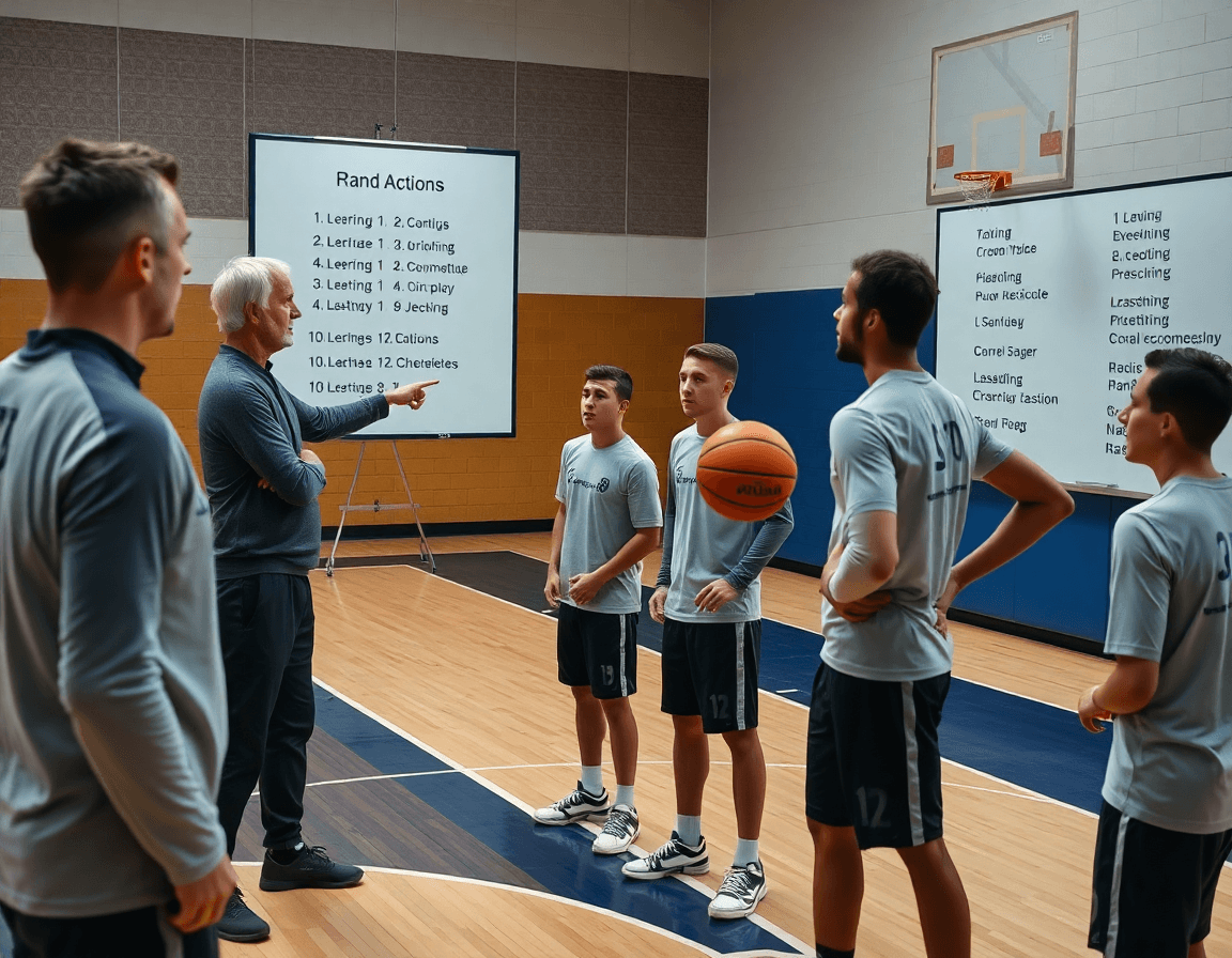 Allenatore indica etichette inglesi su azioni di basket sulla lavagna; basket come si dice in inglese.