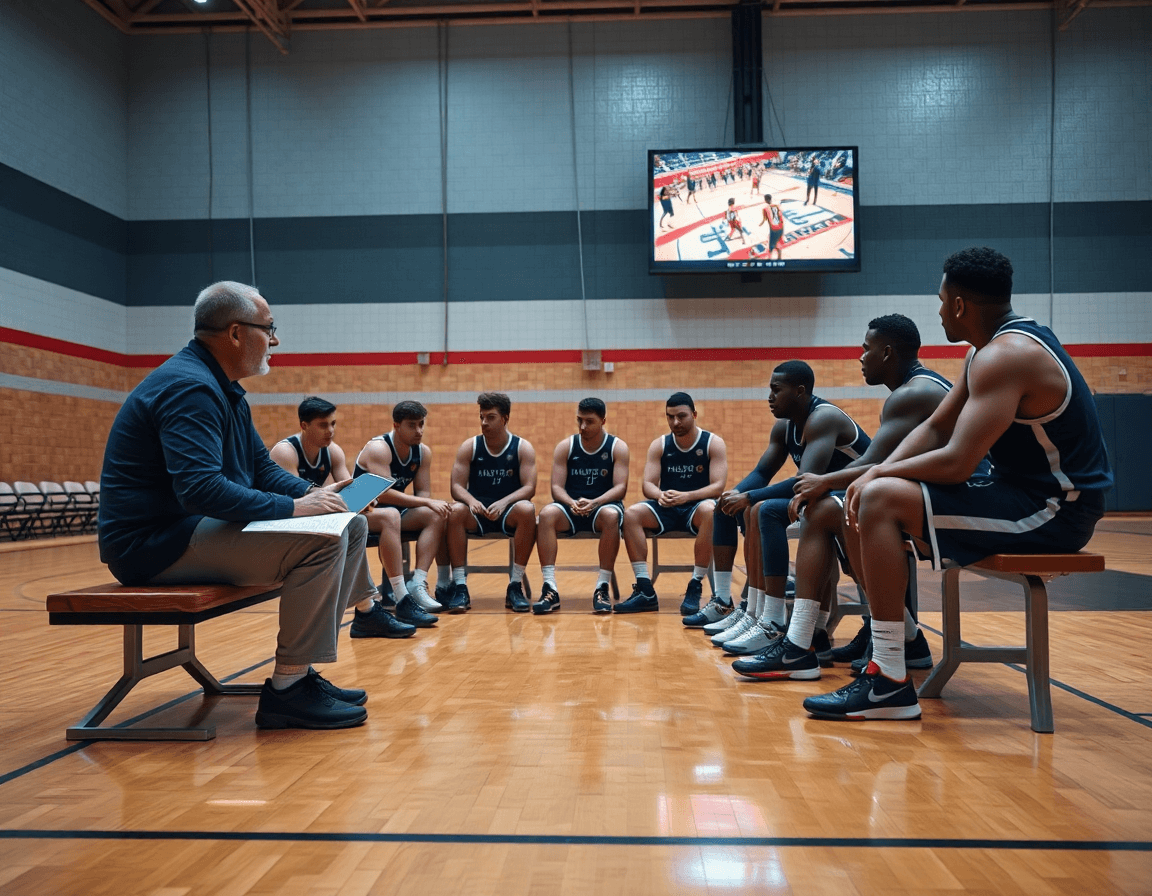 Analista mostra note tattiche in inglese su clip di basket, giocatori ascoltano; basket come si dice in inglese.