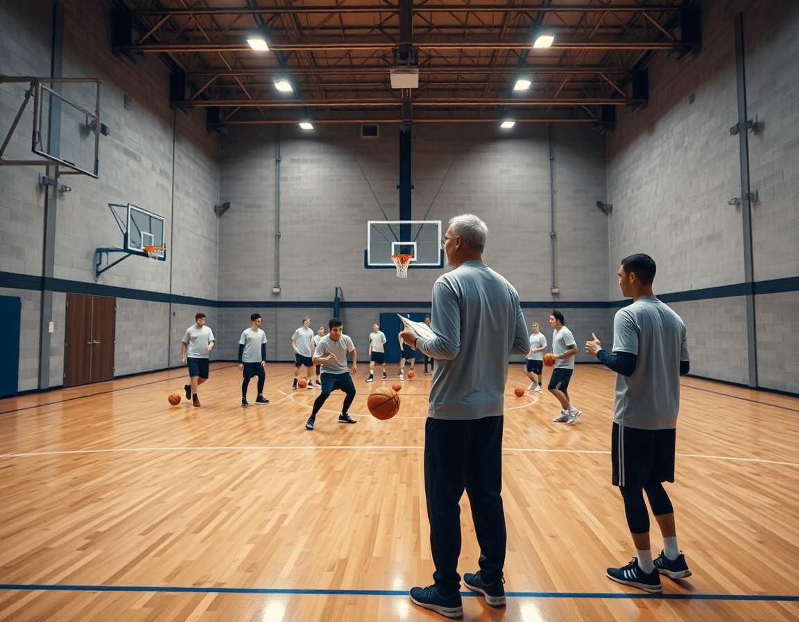 Scena ampia di palestra di basket, coach con cartella guida una squadra; basket come si dice in inglese.