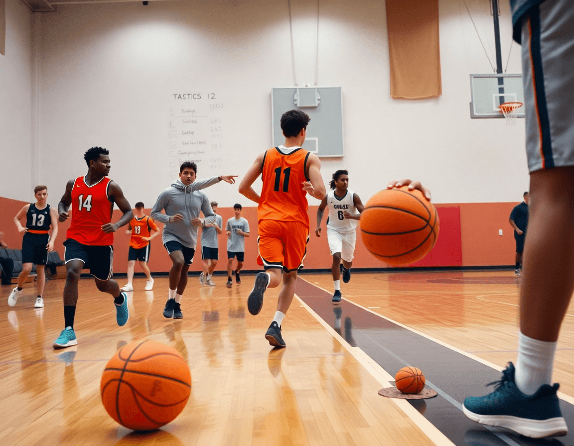 Primo piano su una scena di basket come si gioca: giocatori e coach al whiteboard.