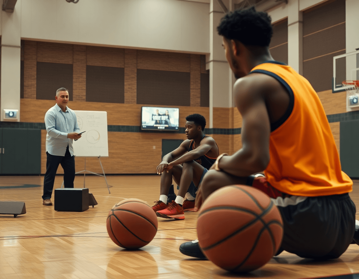 Primo piano su una scena di basket come si gioca: coach e giocatori guardano una clip.