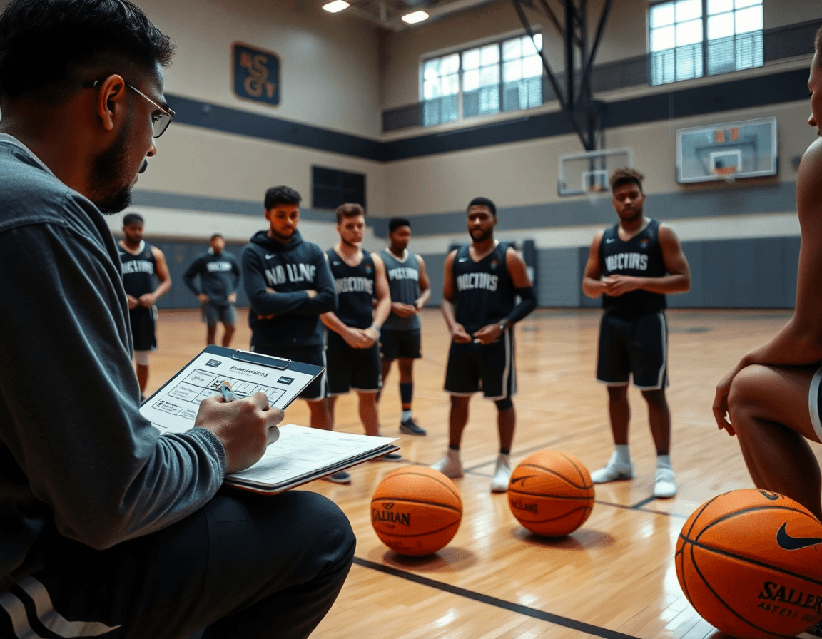 Primo piano su una scena di basket come si gioca: coach mostra una relazione scouting.