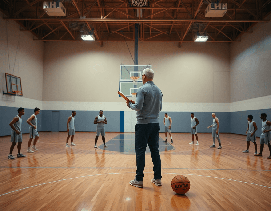 Vista ampia di una palestra di basket come si gioca, allenatore e squadra in allenamento.