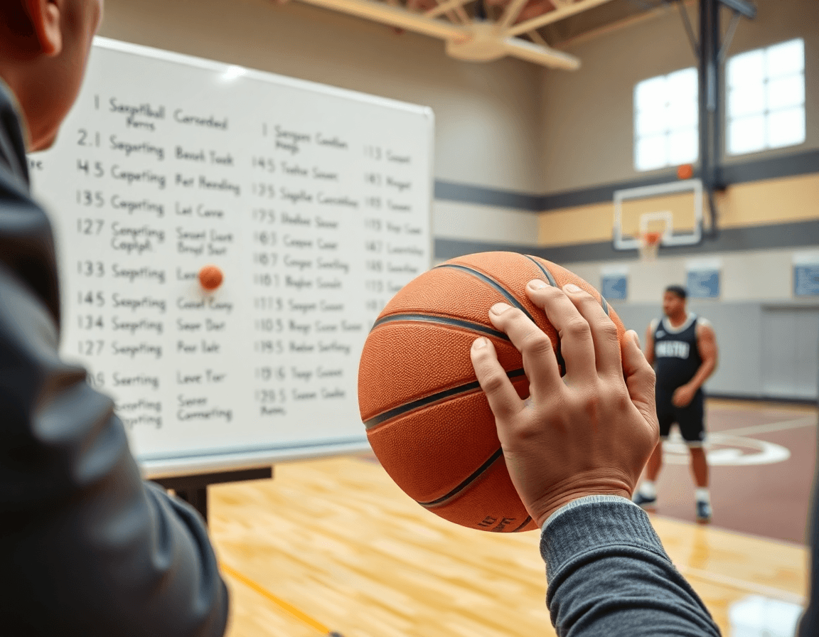 Primo piano sulle mani che tengono un pallone da basketball arancione mentre il coach indica termini sul whiteboard.