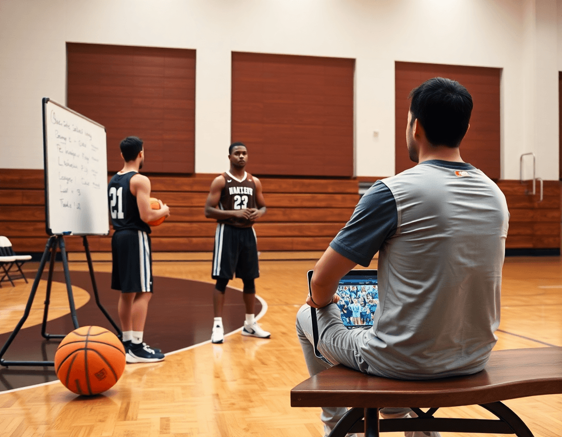 Coach e due giocatori vicino alla lavagna, mentre una clip video di basket scorre sul laptop.