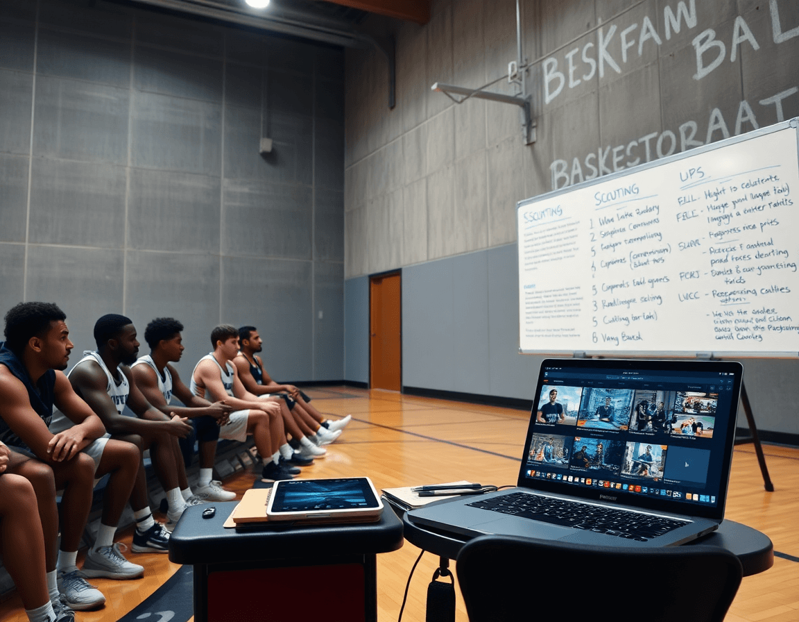 Zona di revisione scouting: giocatori seduti guardano un tablet con clip di basket e una lavagna.