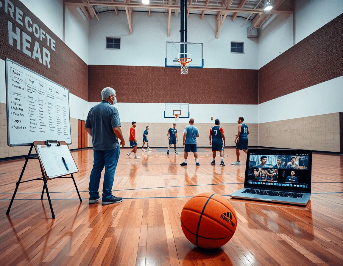 Lavagna in palestra mostra basket come si scrive mentre coach e giocatori praticano basket in palestra.