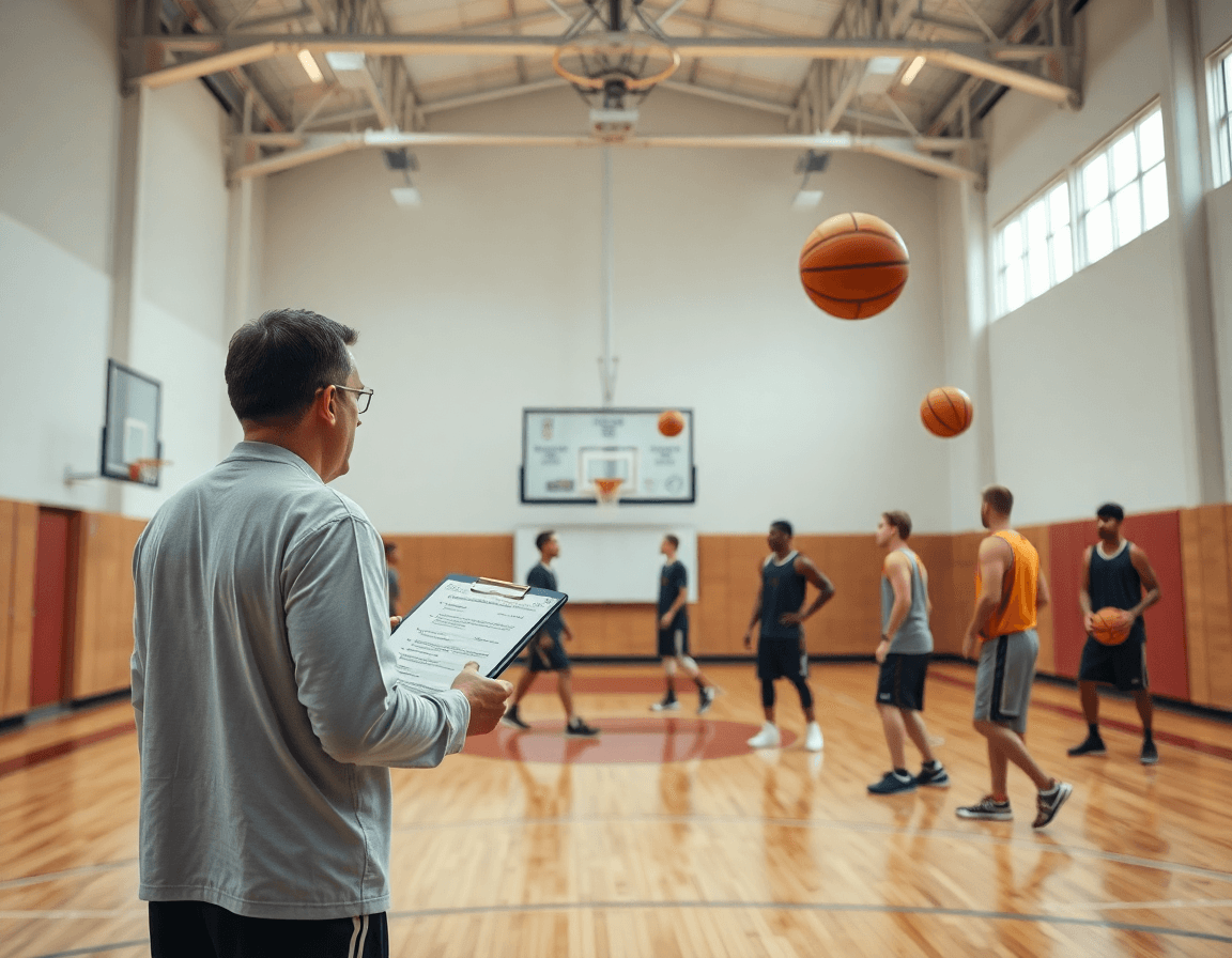 Allenatore con lavagna glossario inglese per basket, squadra in allenamento sul parquet di basket.