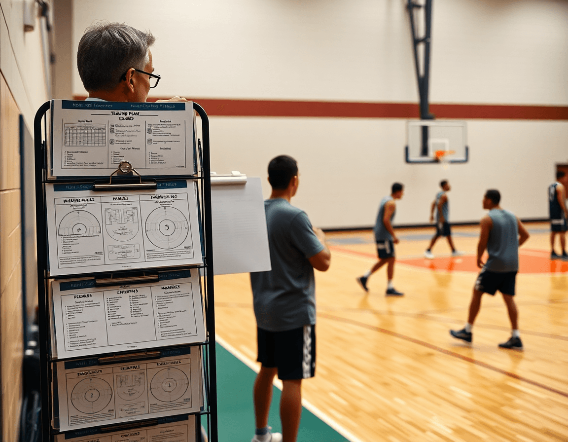 Coach mostra etichette in inglese su piani di allenamento per basket, con note per basket sul parquet.