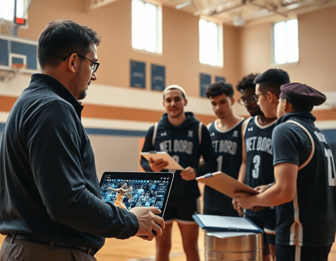 Clip video di azioni di basket e traduzioni inglese, squadra osserva sul parquet di basket.