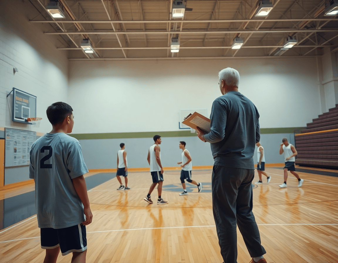 Scena ampia di basket in palestra: coach con lavagna, giocatori in allenamento, glossario inglese sul muro, basket.