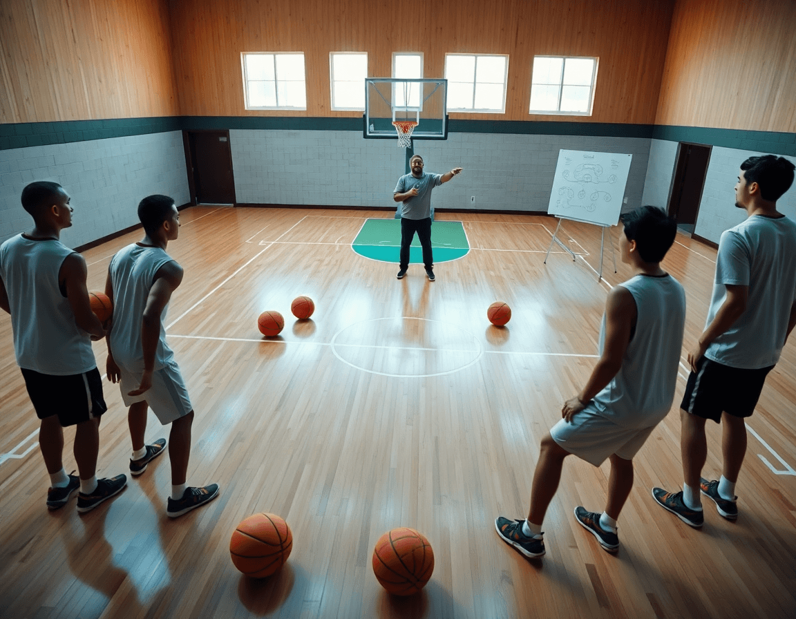 Cinque giocatori formano una scatola difensiva mentre il coach spiega basket difesa box and one ai giocatori.