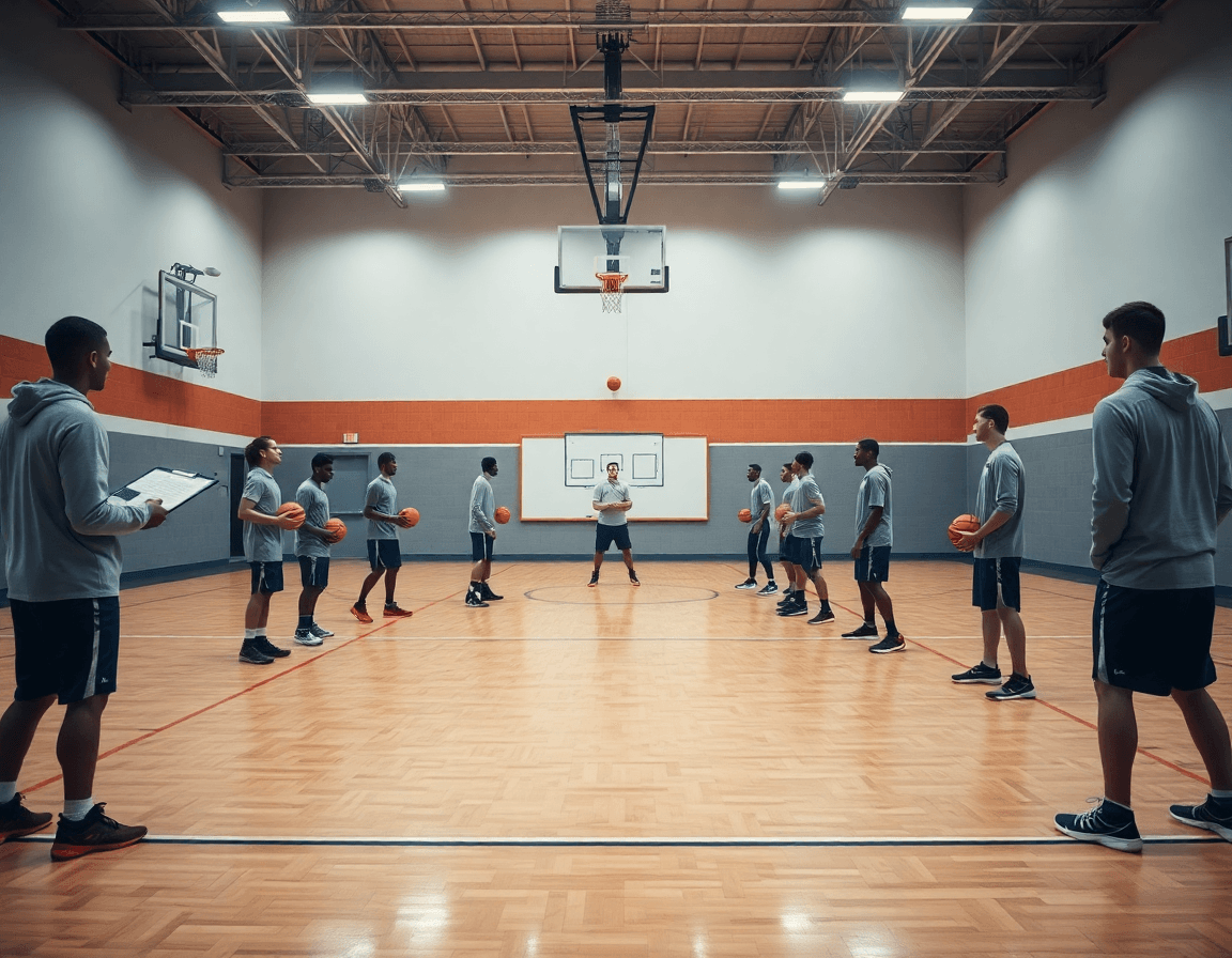 Scena ampia di basket in palestra: coach con clipboard guida la squadra nel basket difesa box and one.