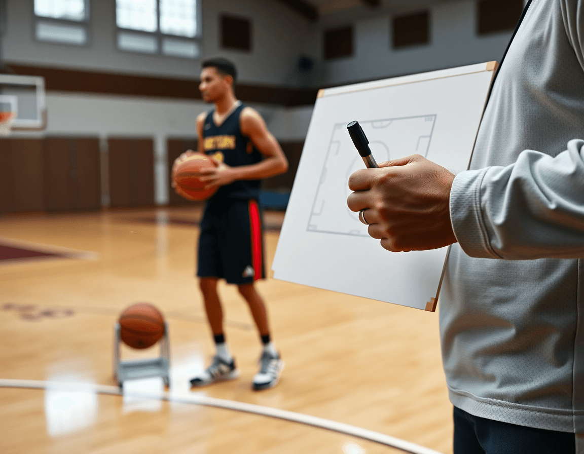 Dettaglio: coach traccia basket esercizi di tiro a squadre su lavagna tattica mentre i giocatori palleggiano.