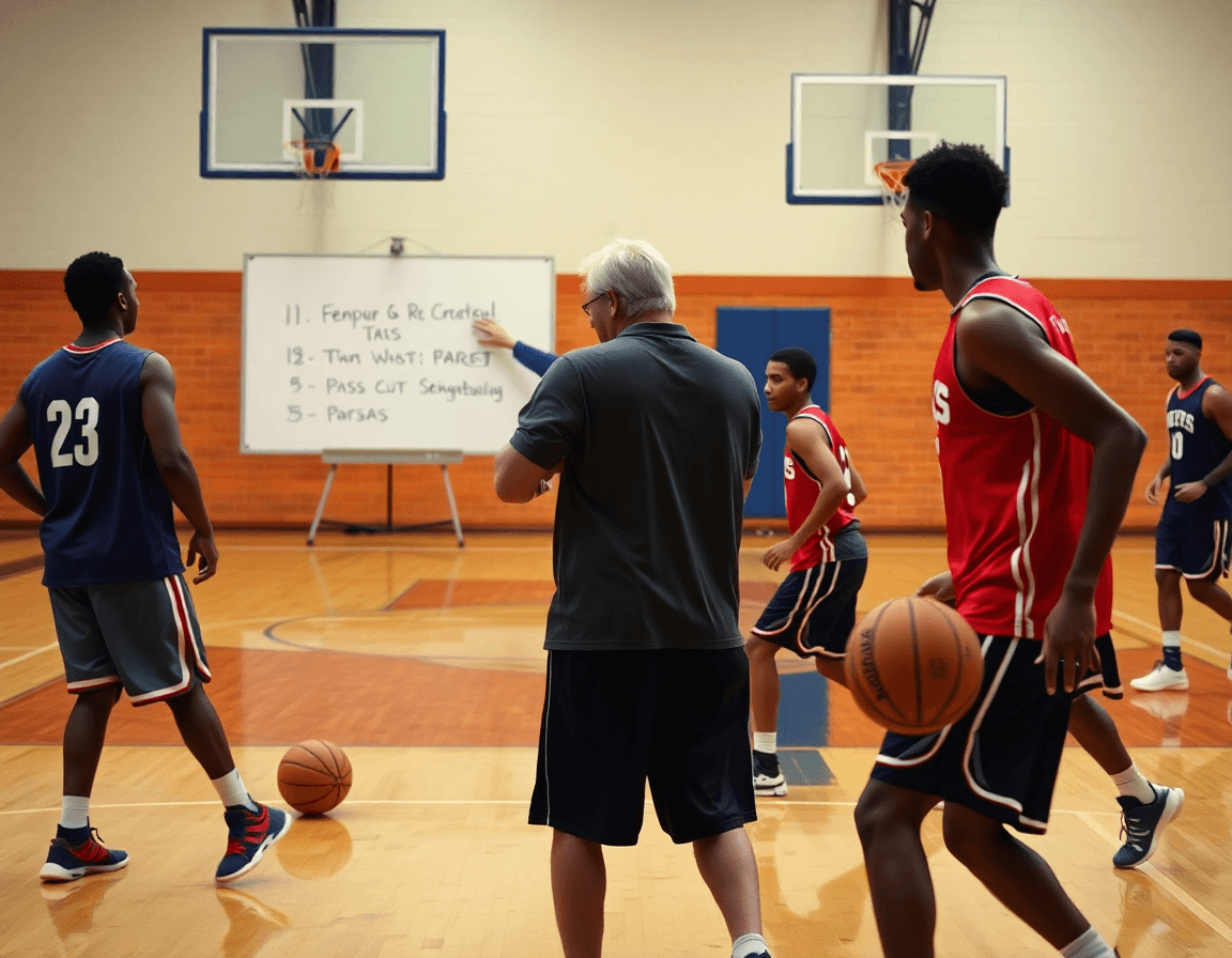 Inquadratura centrale: coach con lavagna, giocatori in fila, basket esercizi di tiro a squadre in palestra.