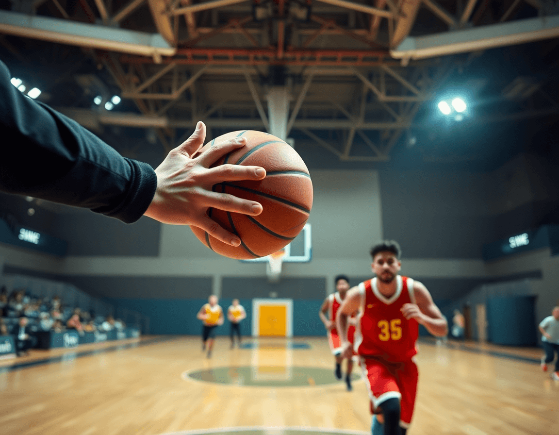 Primo piano sulle mani che passano la pallacanestro durante basket esercizi di tiro a squadre nel canestro.