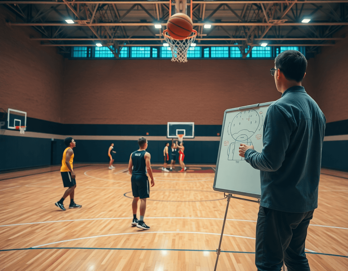Wide shot di una palestra di basket con allenatore e giocatori durante basket esercizi di tiro a squadre.