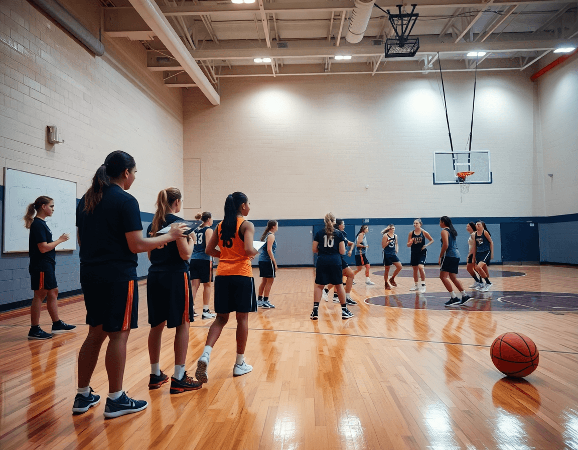 Basket femminile giovanile sul campo di basket; coach con clipboard guida le giovani giocatrici durante l'allenamento.