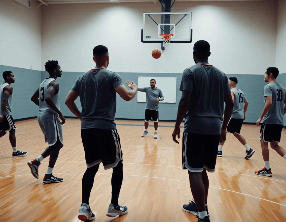 Giocatori in movimento eseguono una giocata di squadra durante basket giovanile emilia romagna.