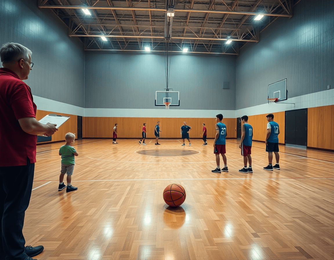 basket giovanile emilia romagna, scena di allenamento su campo di basket con coach e giocatori.