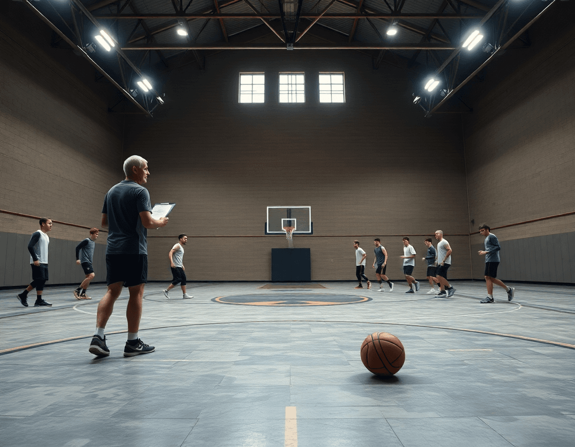 Scena wide del basket giovanile durante allenamento in palestra, il coach guida la squadra