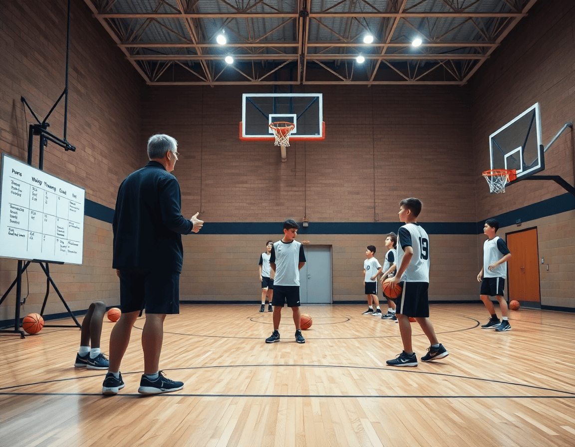 Allenatore spiega la programmazione settimanale durante una sessione di basket giovanile Reggio Emilia.