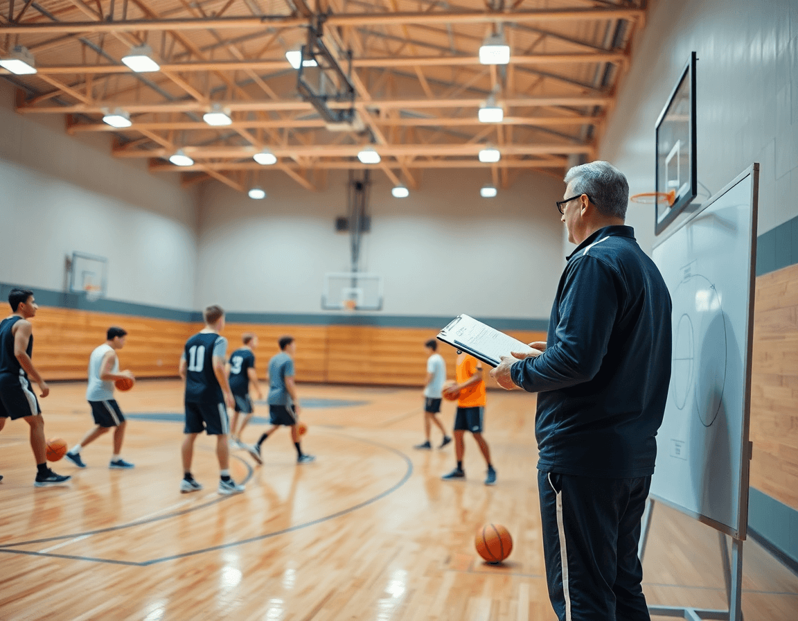 Vista ampia della palestra di basket giovanile Reggio Emilia durante una pratica con coach e squadra.