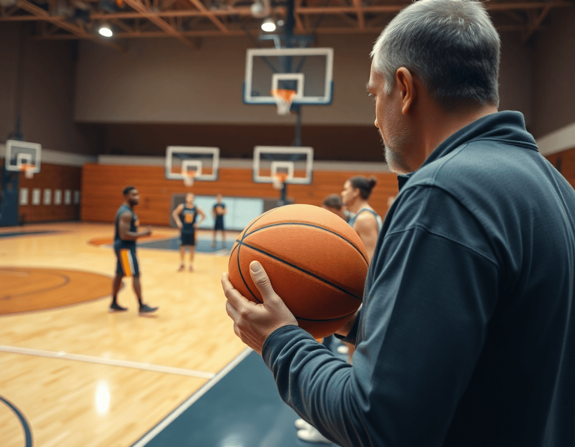 Drill di basket u14 emilia romagna in palestra, squadra in movimento e coach su sideline.