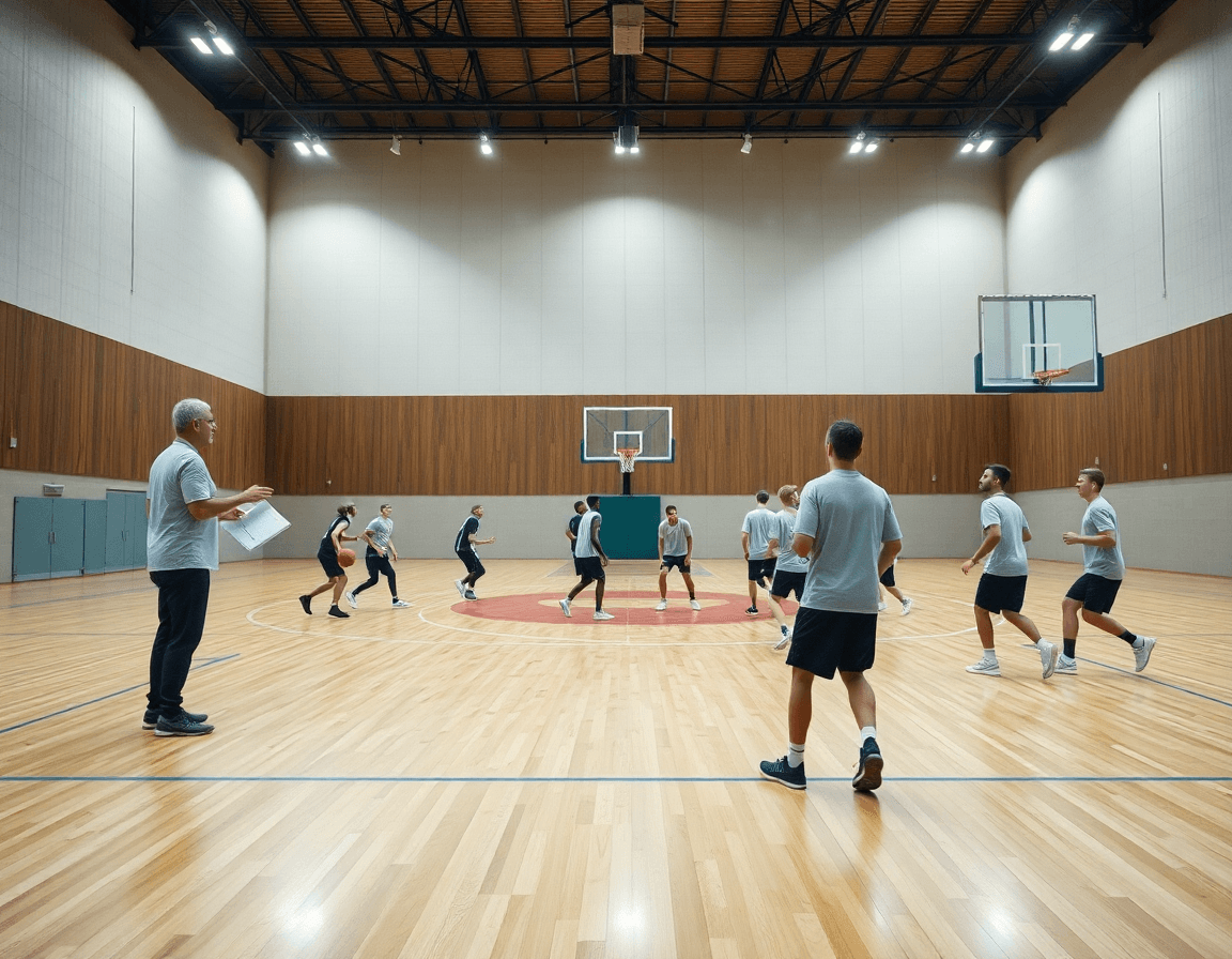 Allenamento di basket u14 emilia romagna in palestra: coach, squadra, tecnica e coordinazione.