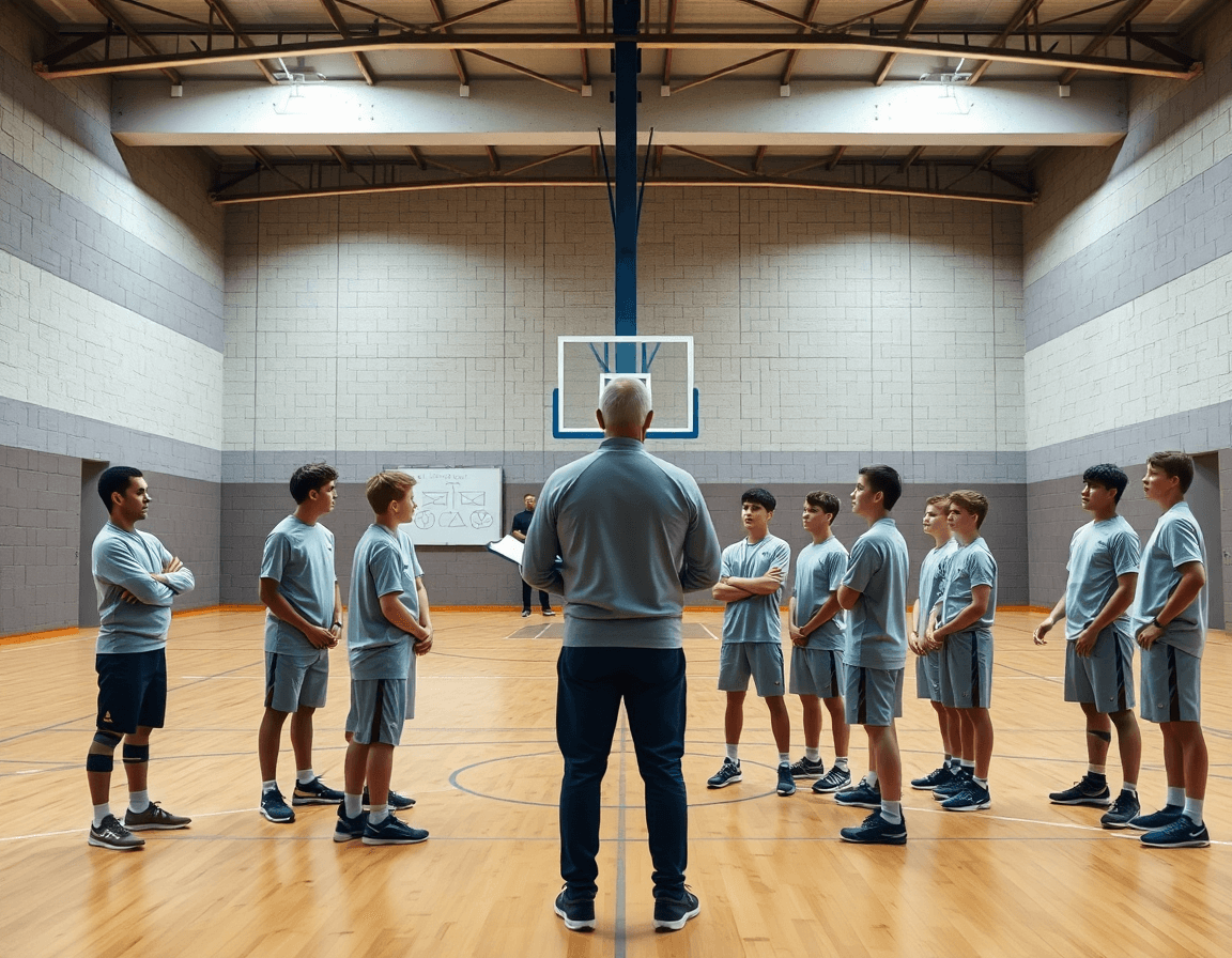 Scena basket u14 in palestra: allenatore con lavagna tattica dirige giovani giocatori.