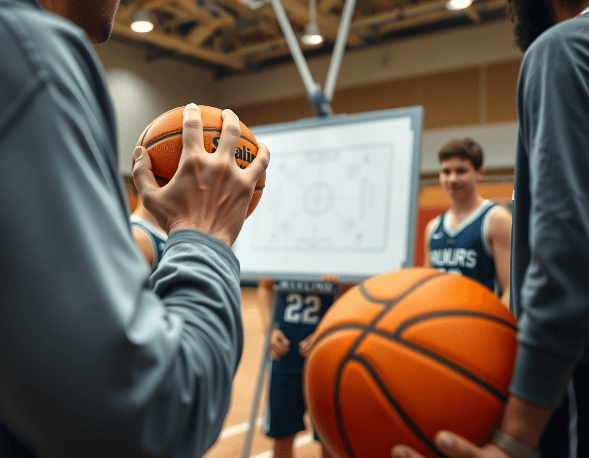 Scena ravvicinata di allenamento basket u16: coach con lavagna tattica mostra una giocata.