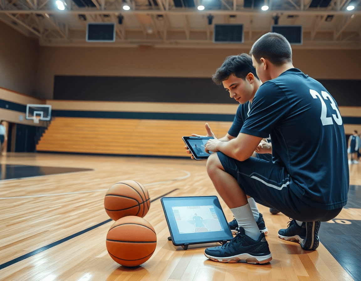 Video di basket u16: coach e giocatori osservano una clip su tablet durante l'allenamento.