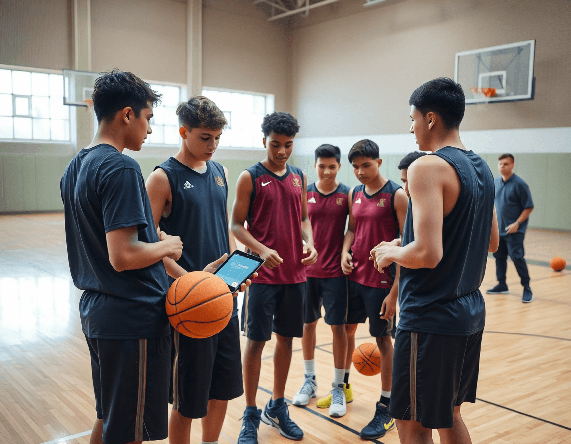 Giocatori basket u16 condividono una playlist di allenamento durante la pratica in palestra.