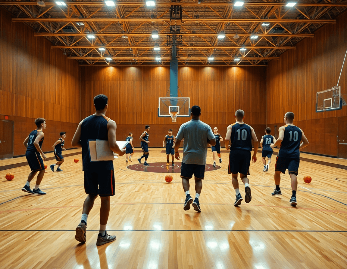 Scena di basket u16 in palestra: coach guida la sessione durante un allenamento di basket.