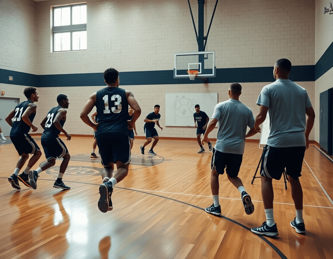 Close-up basketball drill on a hardwood court as a coach draws basketball plays on a whiteboard.