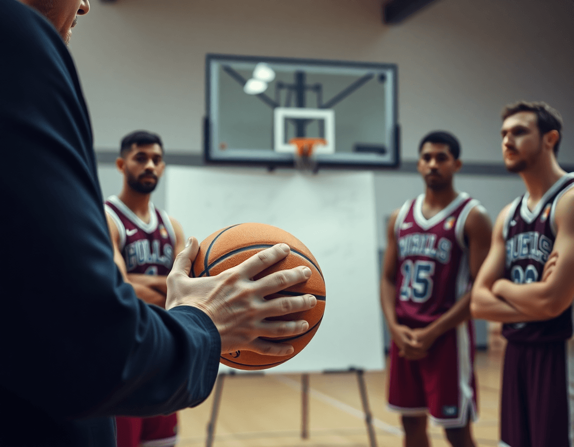 Close-up hands on a basketball and a coach marking plays on a whiteboard.